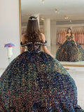 Sequined Ball Gown Off Shoulder Beaded Velvet Quinceanera Dresses