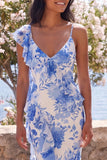 Blue Flower V Neck Ruffle Mermaid Wedding Guest Dress