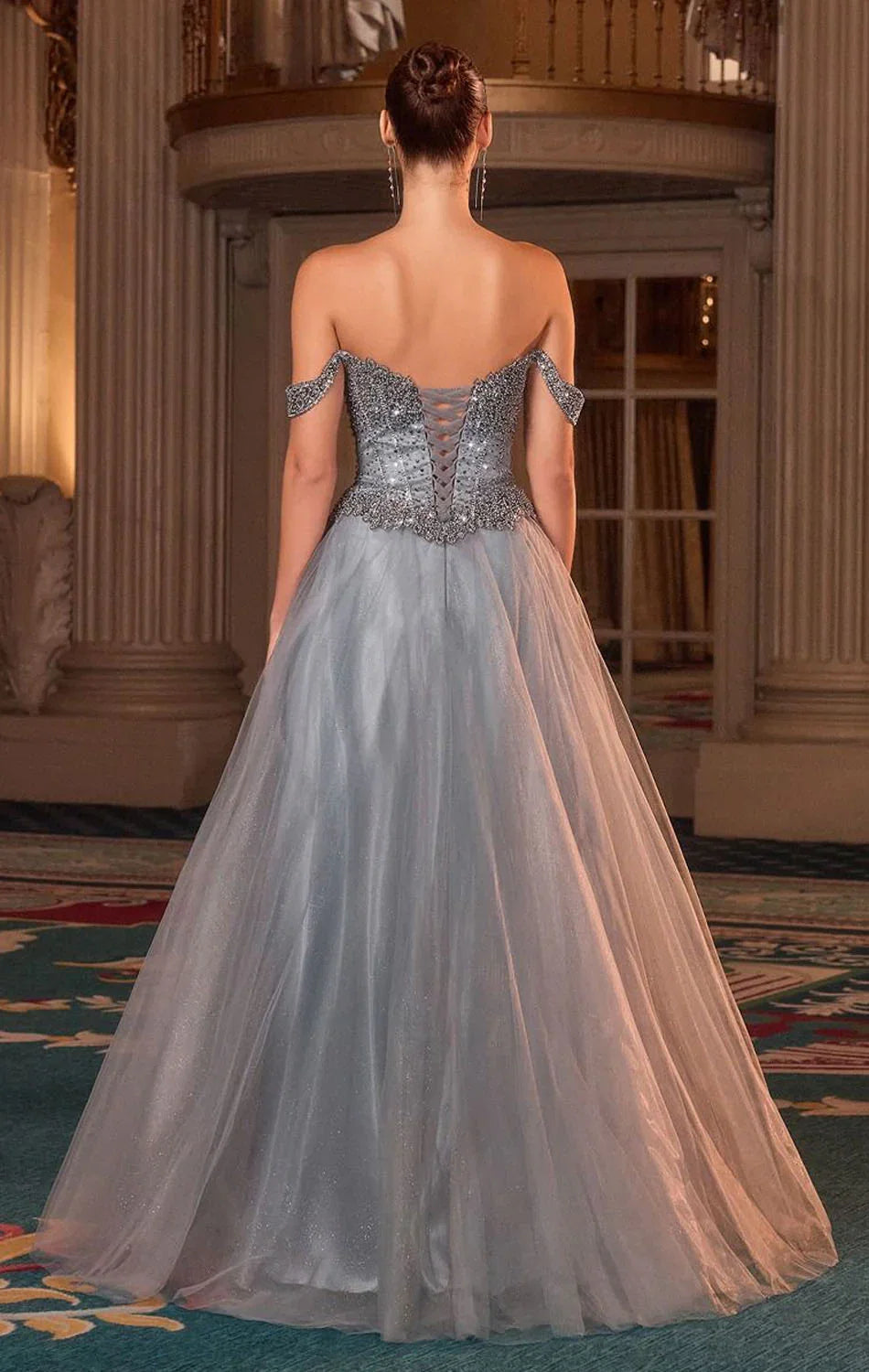 NOELLE GOWN A LINE GLITTER TULLE DRESS
