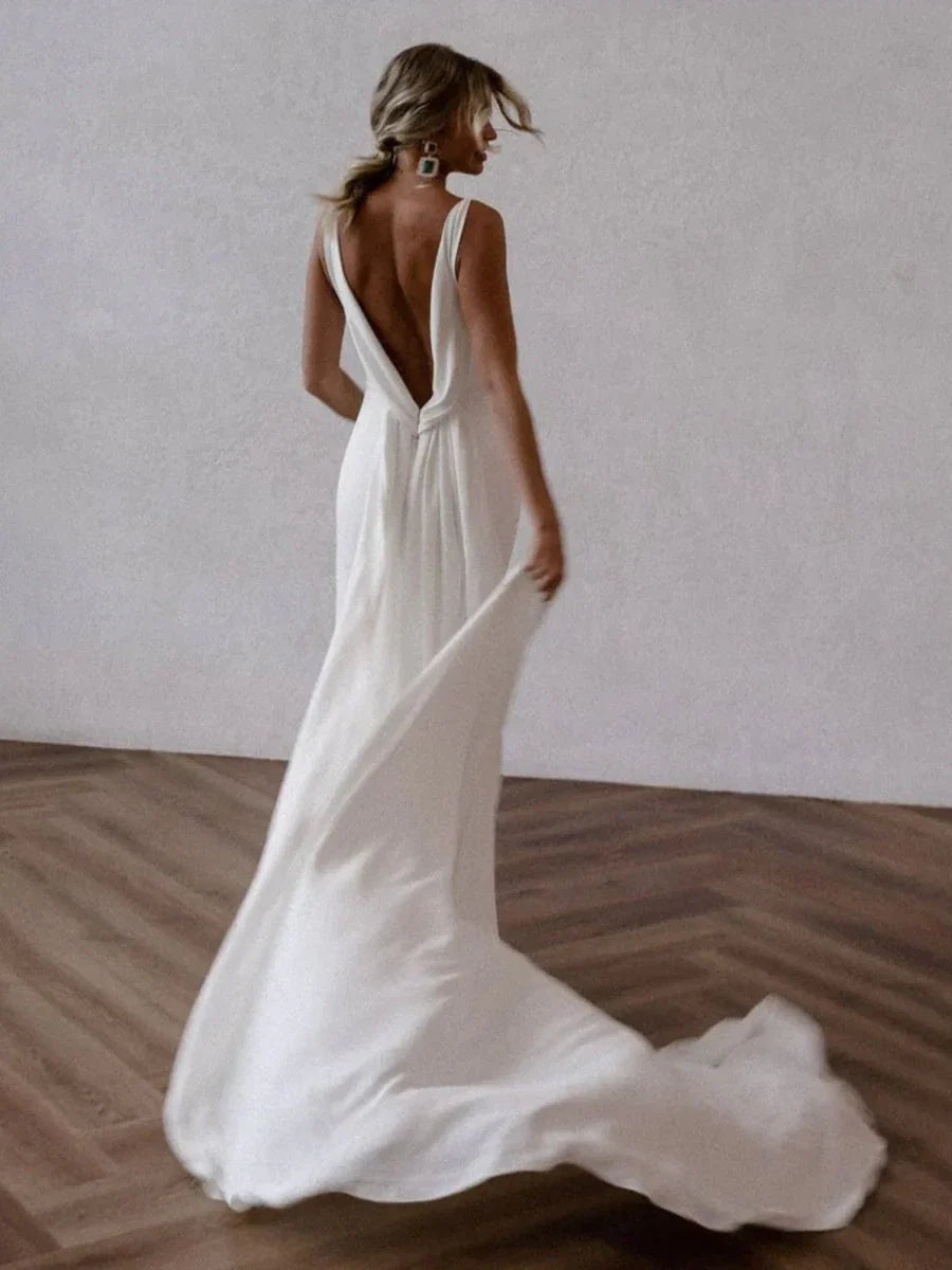 Mermaid Deep V Neck Backless White Wedding Dress