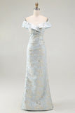 Light Blue Sheath Off The Shoulder Floral Jacquard Formal Dress