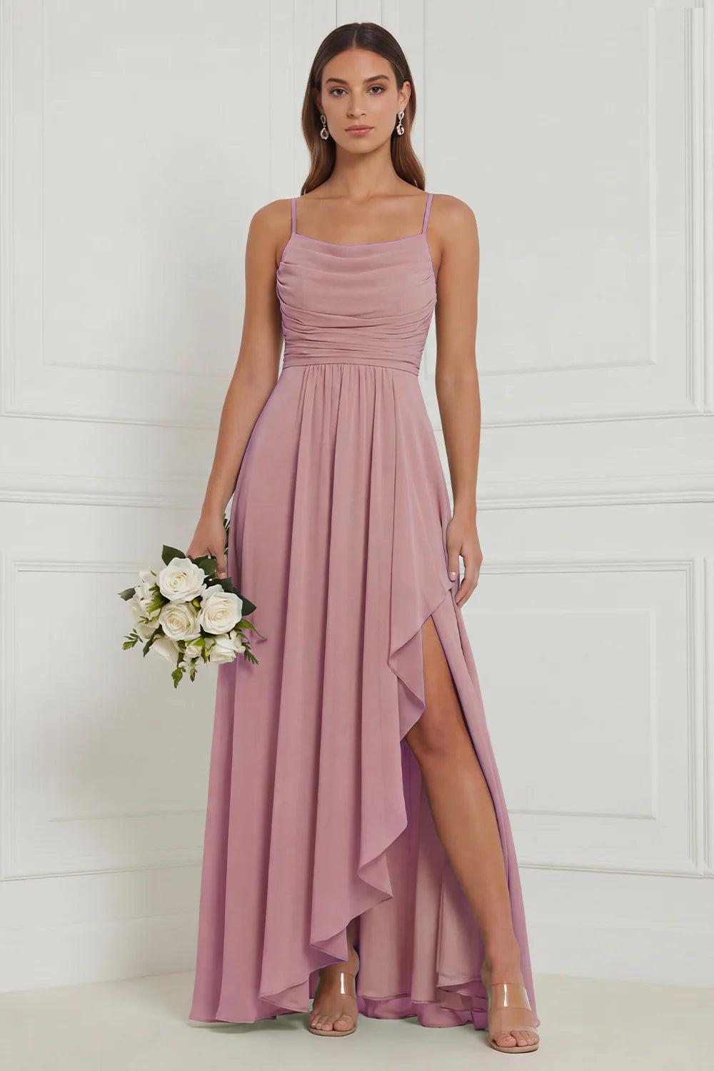 Sage Ruffle A Line Bridesmaid Dress with Slit