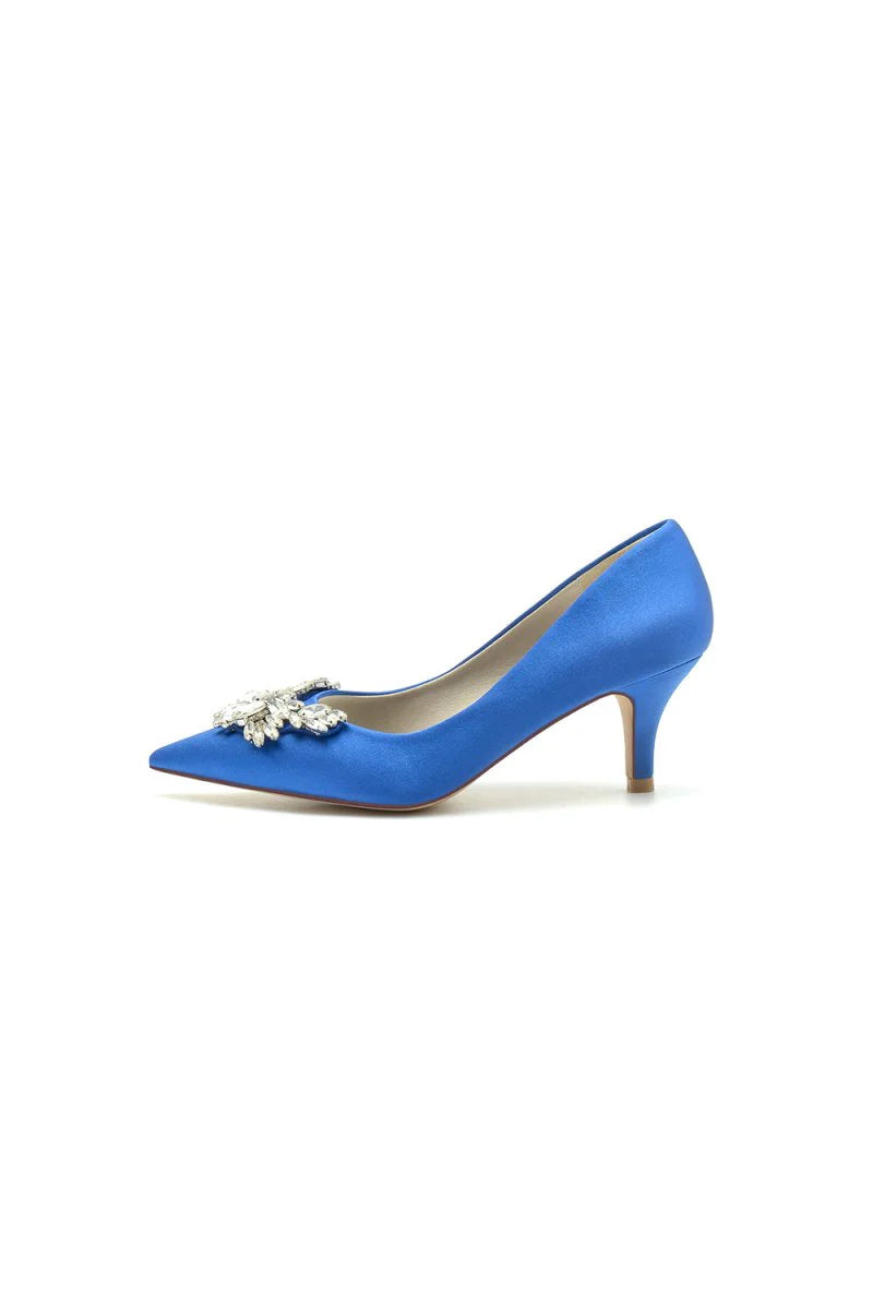 Rhinestone Pointed Toe Satin Kitten Heels