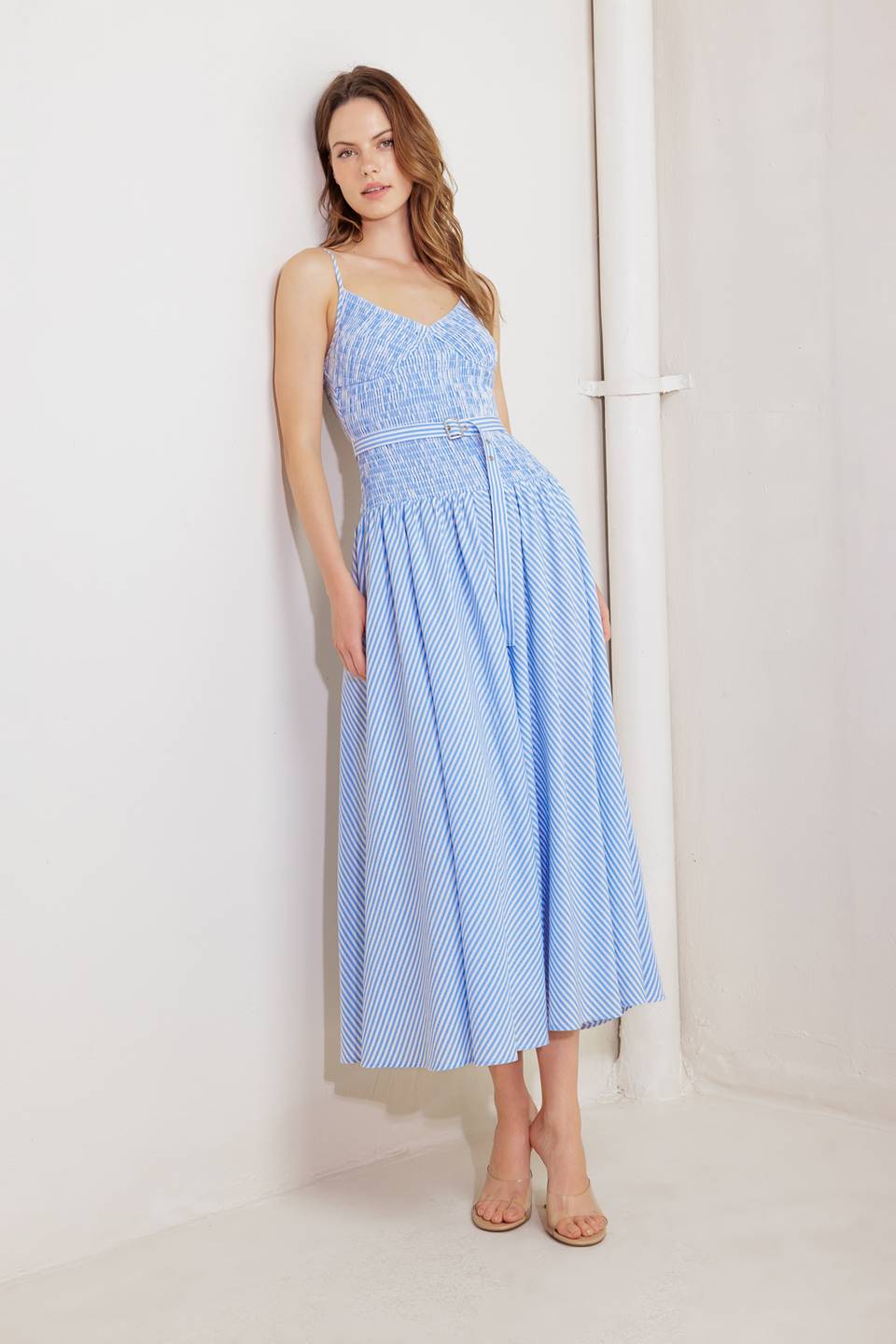 JOURNI STRIPED MIDI DRESS BLUE WHITE