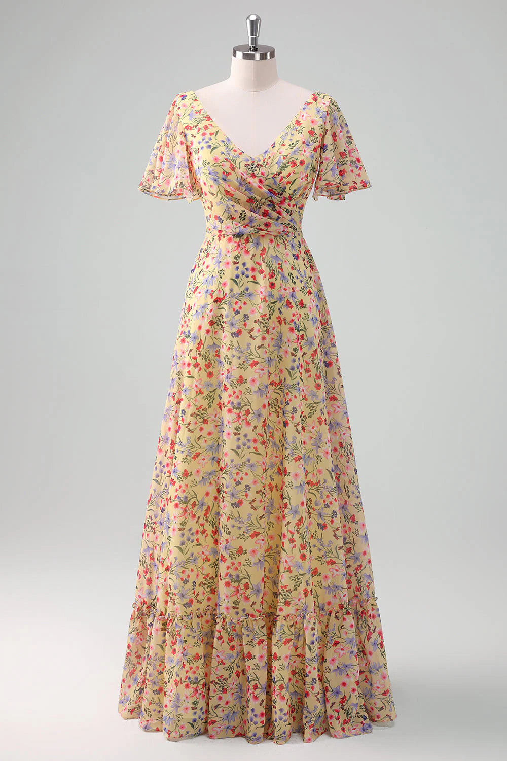 Yellow Flower Printed A Line Chiffon V Neck Bridesmaid Dress with Short Sleeves