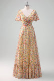 Yellow Flower Printed A Line Chiffon V Neck Bridesmaid Dress with Short Sleeves