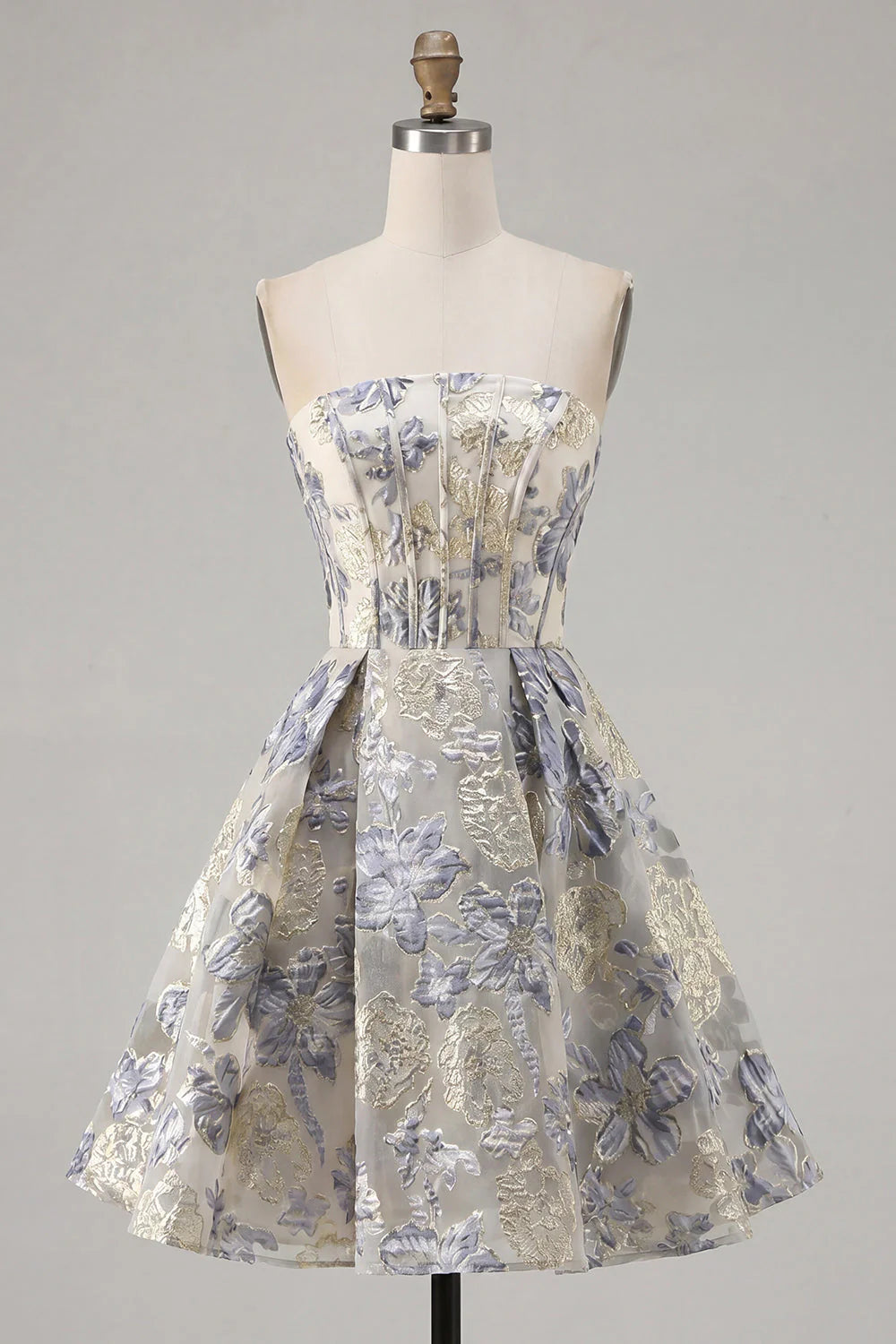 Dusty Blue Jacquard A Line Strapless Corset Short Homecoming Dress