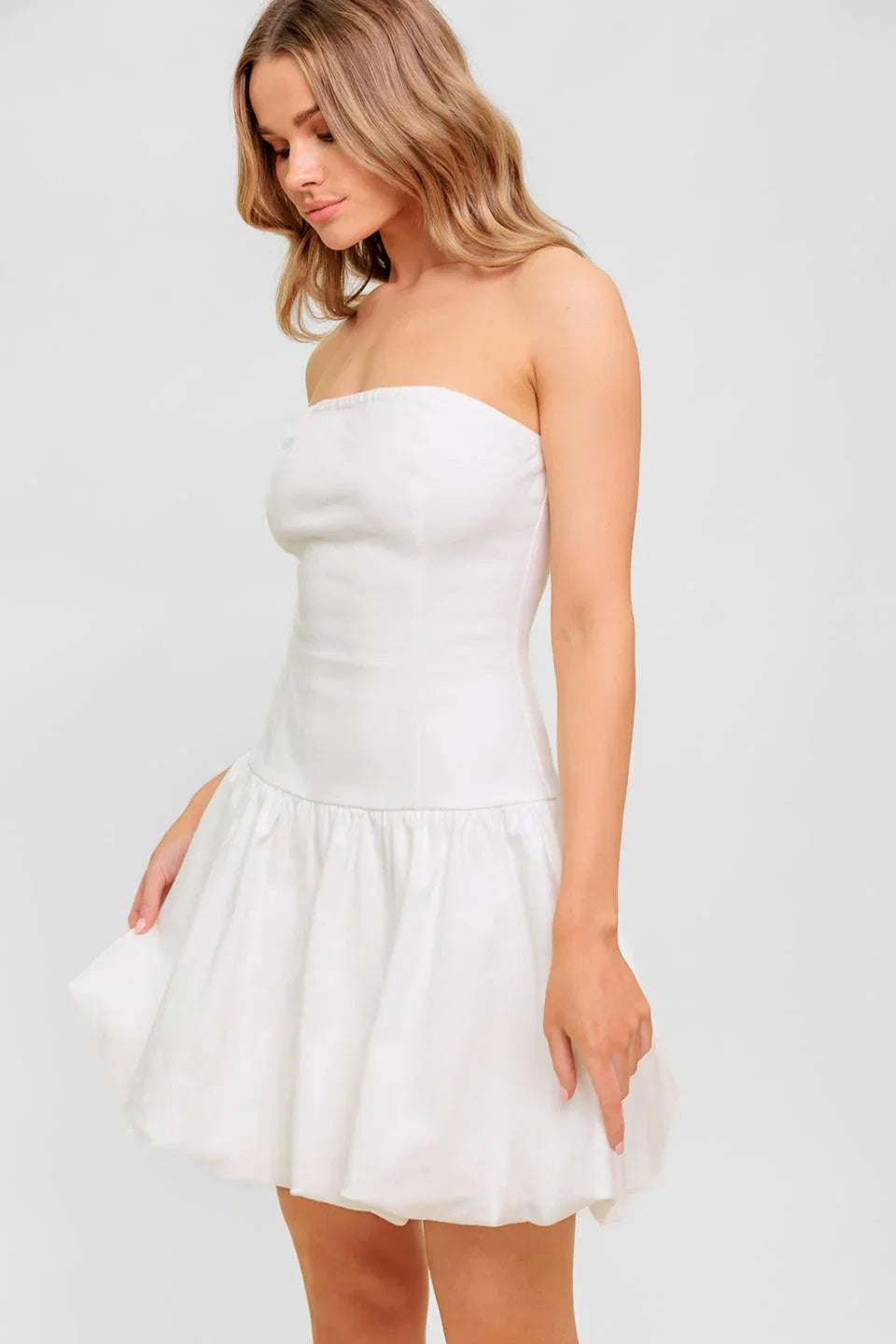 TWILIGHT WISH WHITE DENIM BUBBLE HEM MINI DRESS