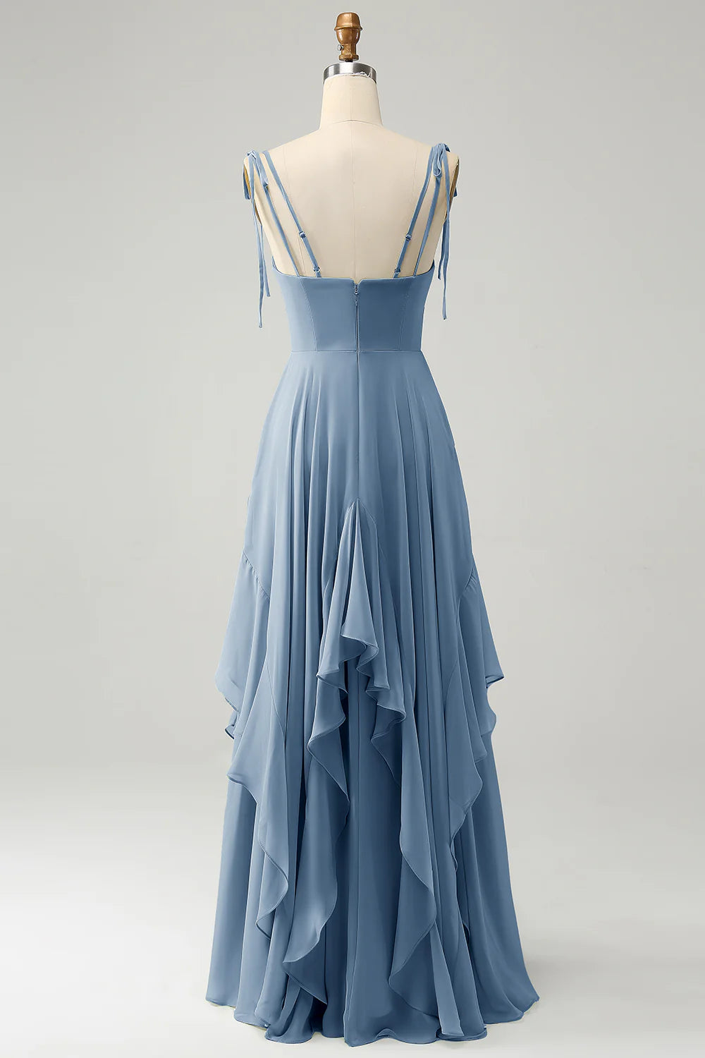 A Line Spaghetti Straps Chiffon Long Eucalyptus Bridesmaid Dress with Ruffles