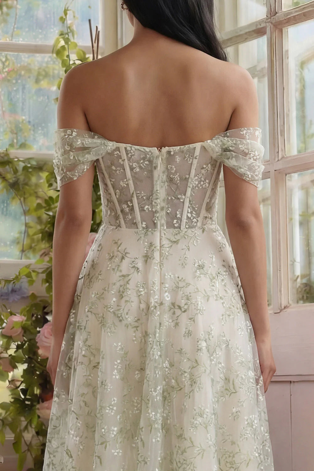 Off the Shoulder Corset A Line Light Green Floral Wedding Guest Dress