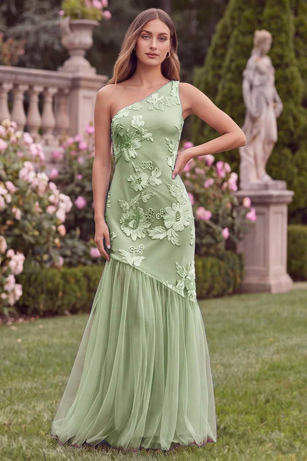 Pink One Shoulder Mermaid Floral Wedding Guest Dress