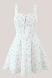 White Warm Rose Print Cotton Ruffled Mini Dress