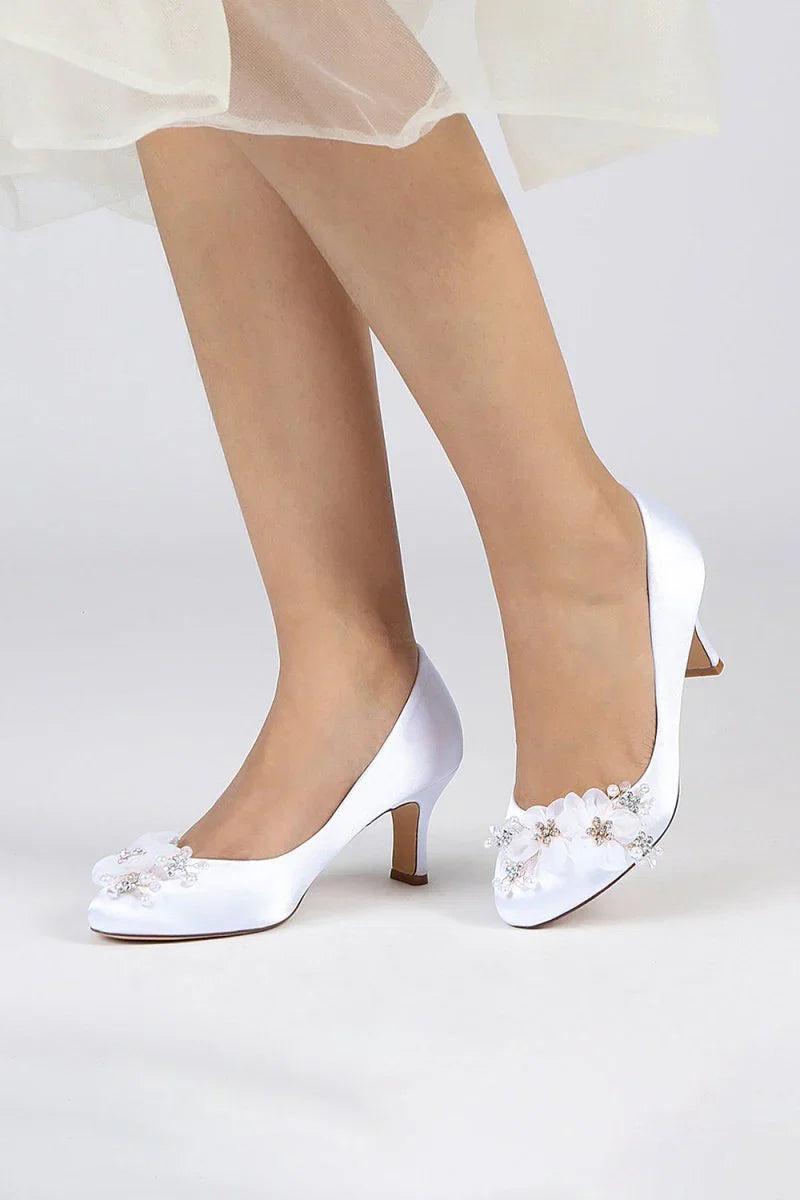 Rhinestone White Chunky Heels with Flower
