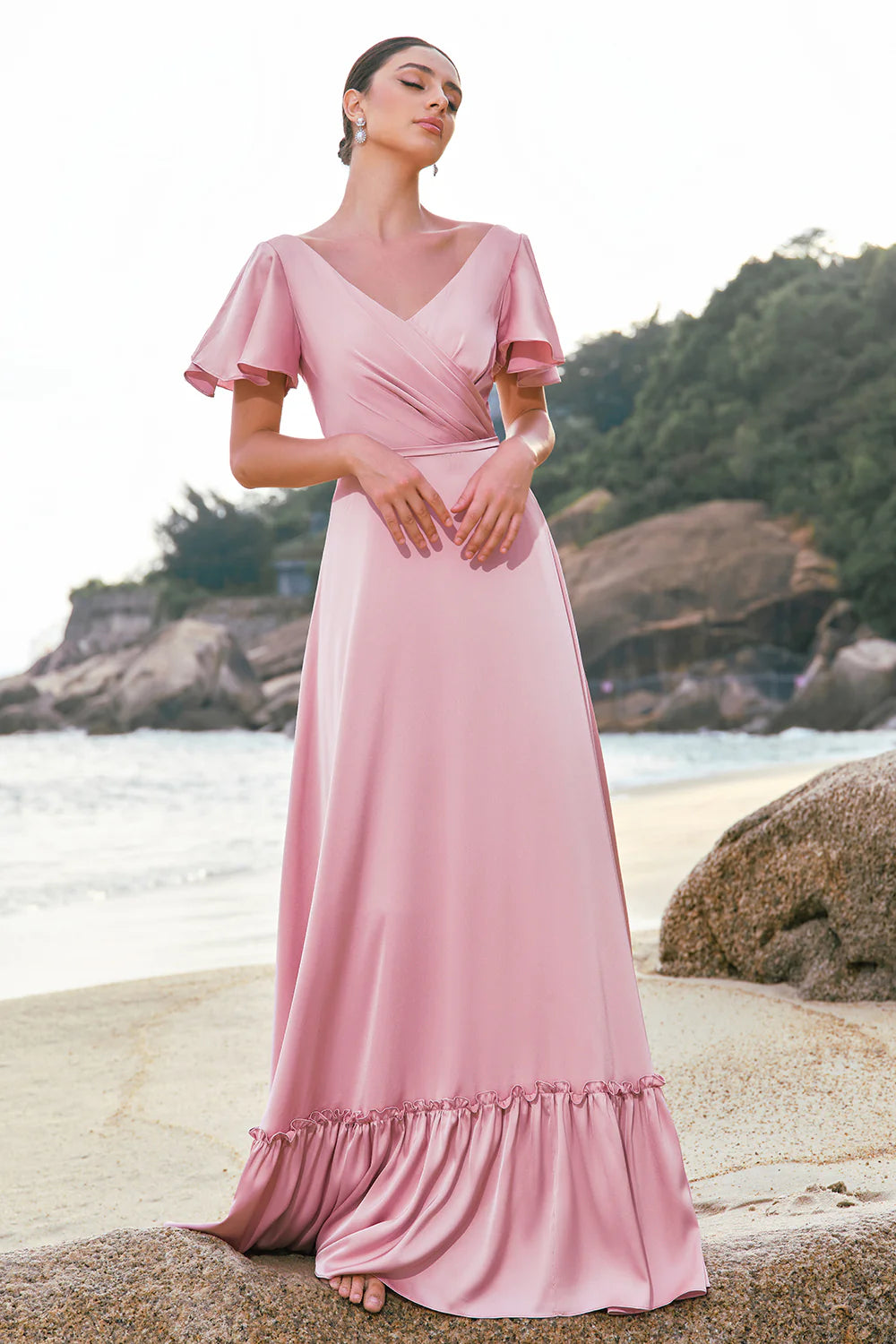 Blush Pink A Line V Neck Ruffle Sleeves Long Satin Bridesmaid Dress