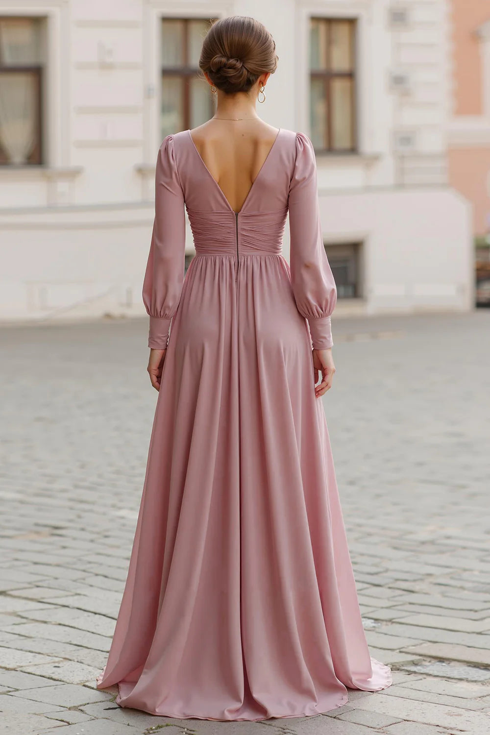 Elegant Vintage Mauve A Line V Neck Long Sleeves Bridesmaid Dress