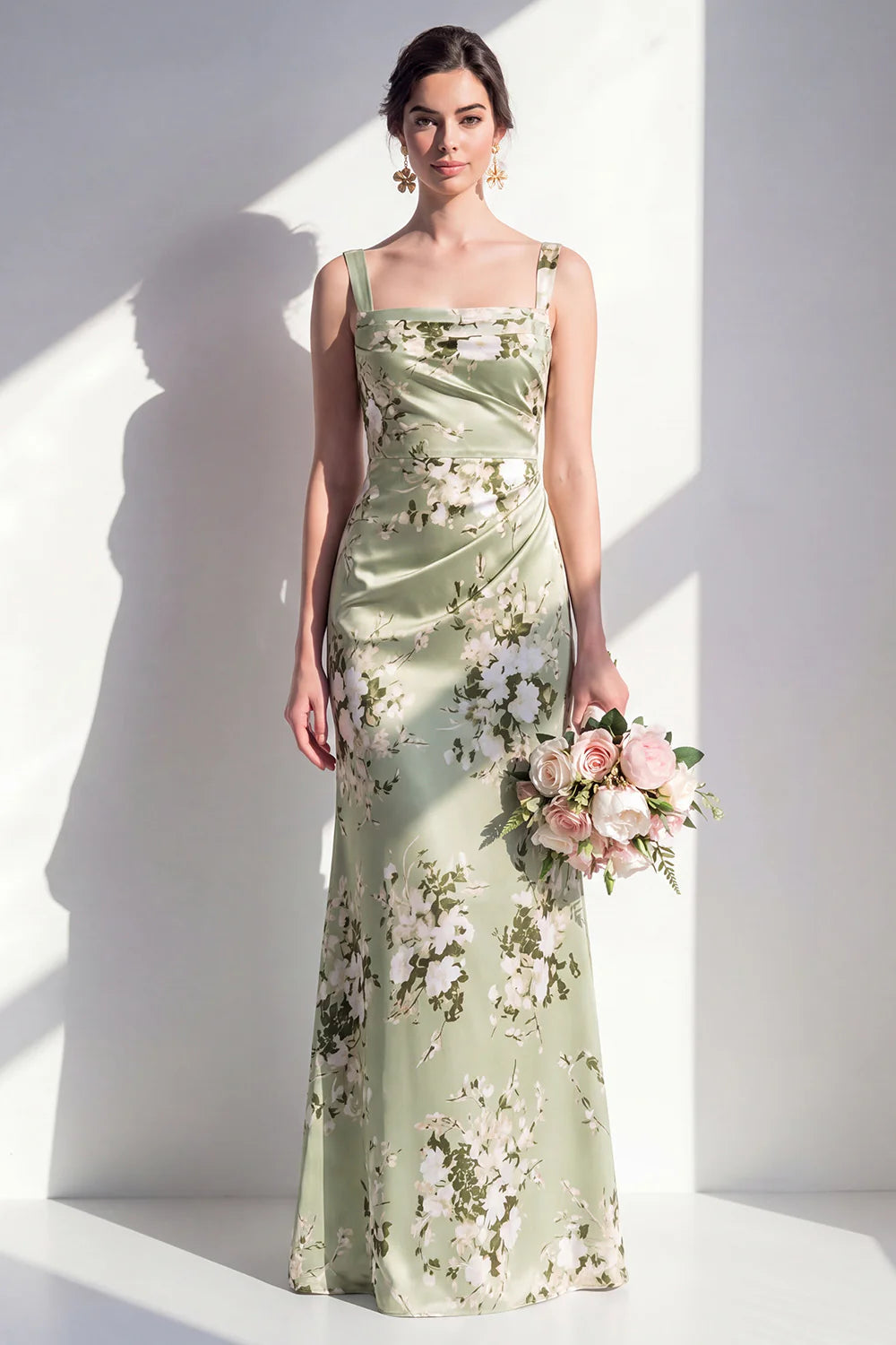 Sage Green Floral Mermaid Square Neck Bridesmaid Dress