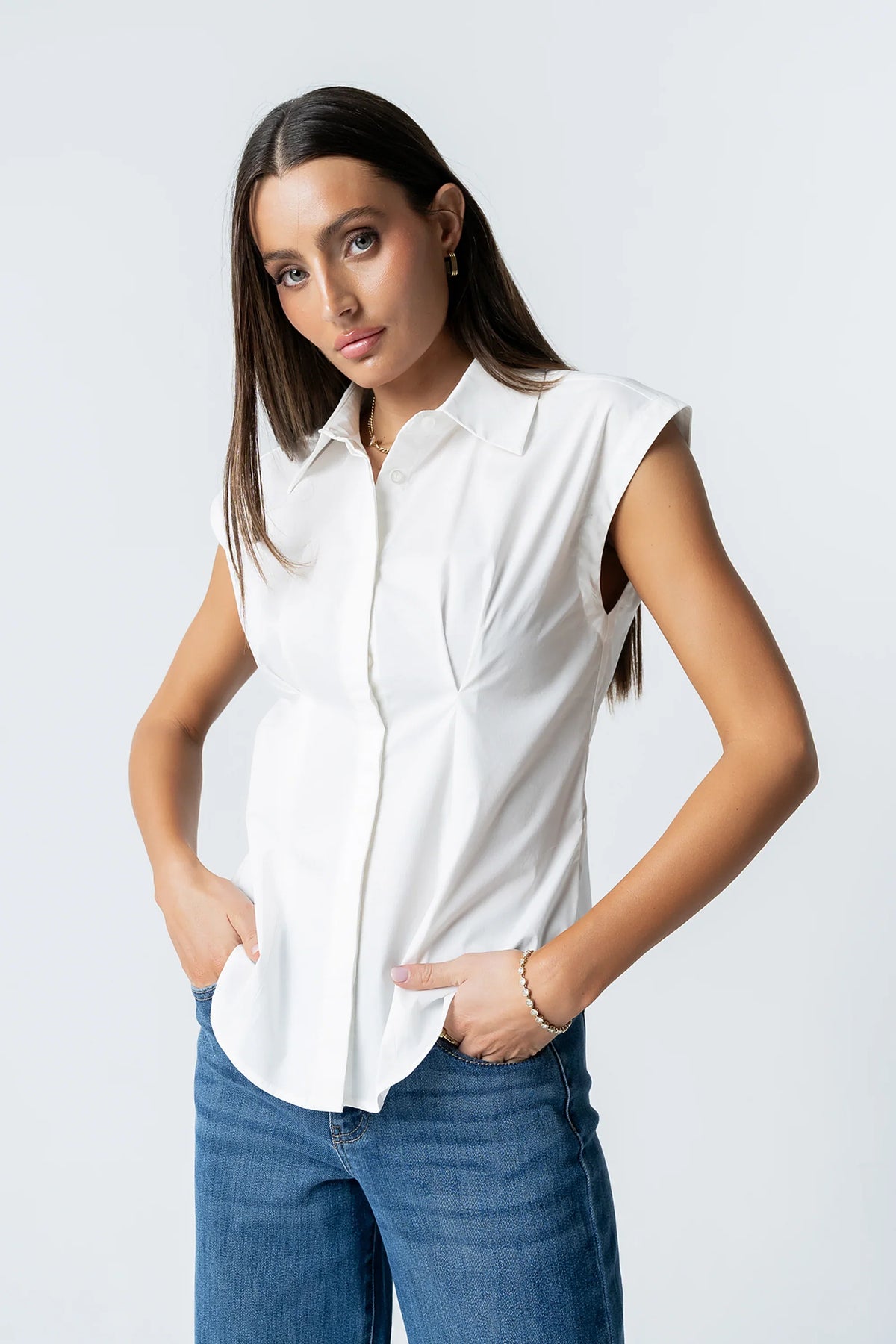 Remi Pleated Button Up in White