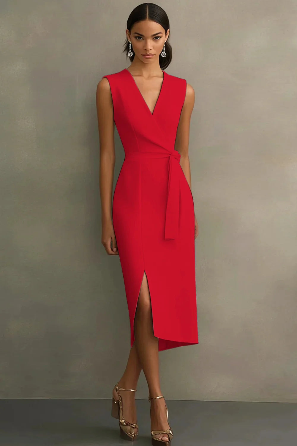 White Satin V Neck Work Dress with Belt
