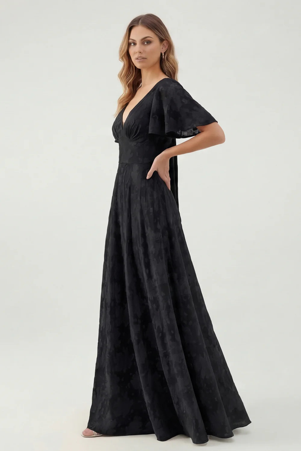 A Line Sage Green Floral Jacquard Flutter Sleeves Maxi Dress with Bow Back