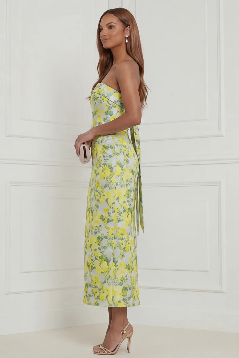 Strapless Fuchsia Sheath Floral Midi Wedding Guest Dress with Bow