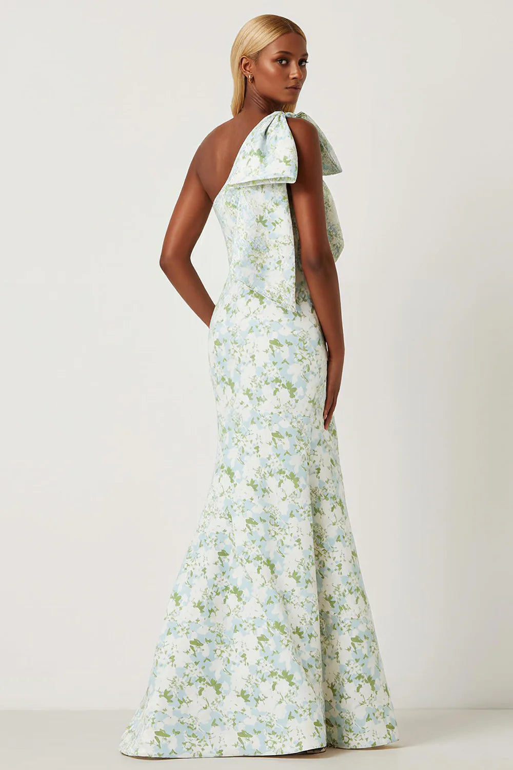 Blue White Flower Mermaid One Shoulder Print Long Bridesmaid Dress with Bow