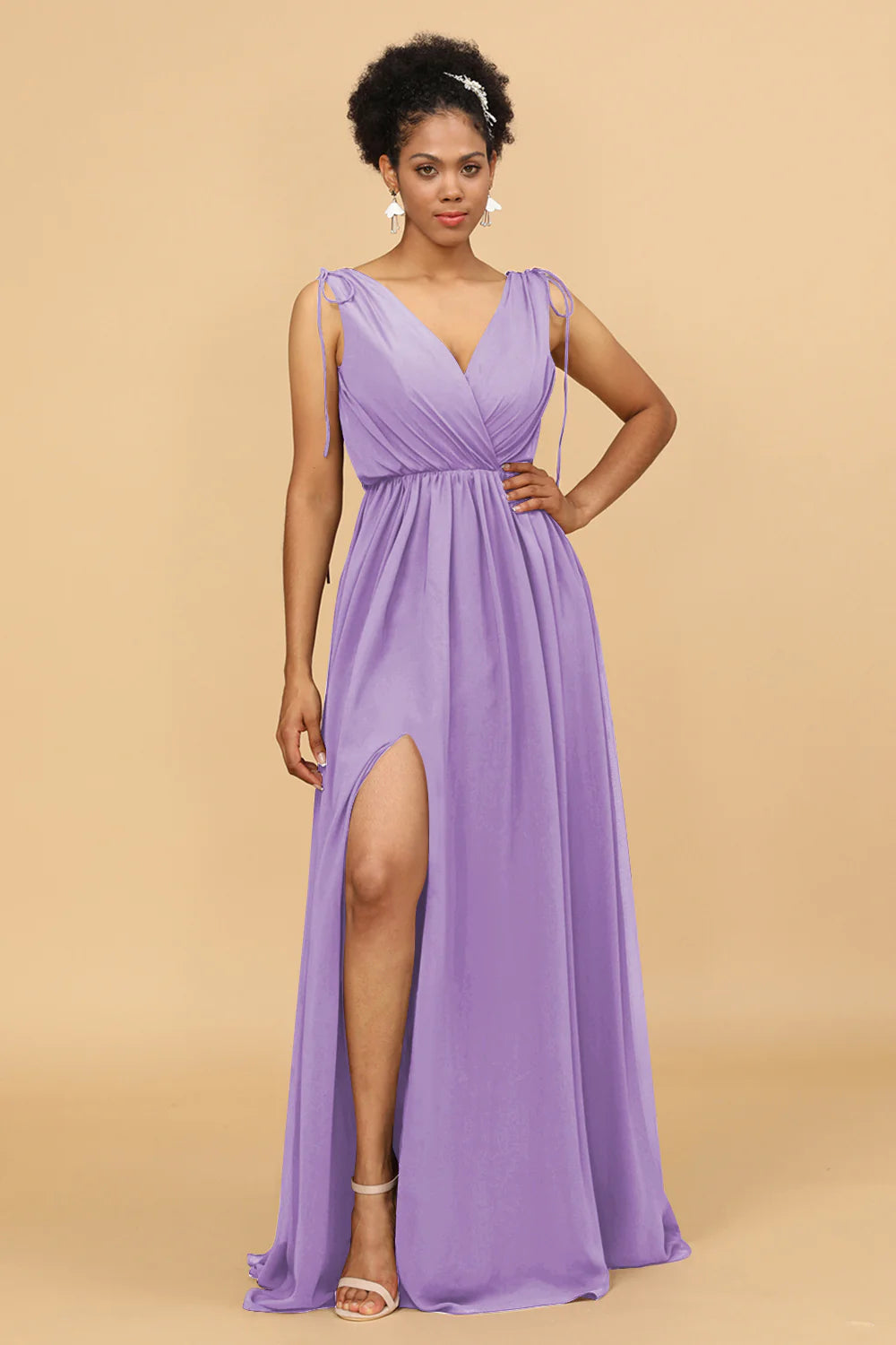 A Line Ruched V Neck Sleeveless Chiffon Bridesmaid Dress with Slit