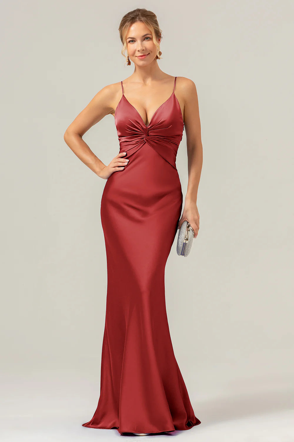 Purple Mermaid Spaghetti Straps Front Pleated Long Bridesmaid Dress