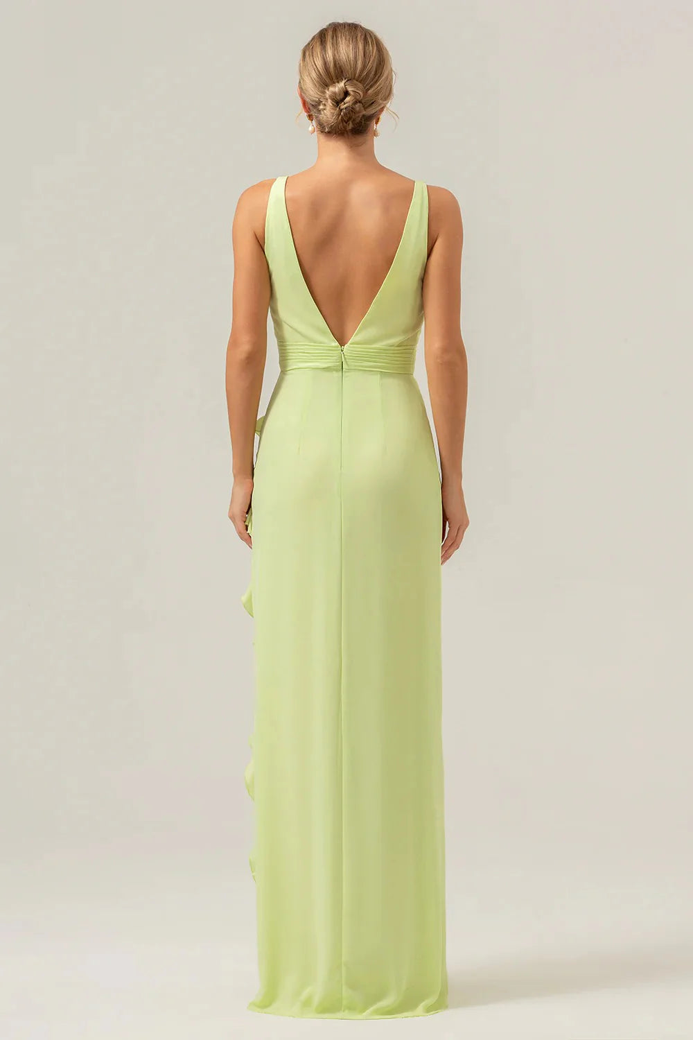Burgundy Sheath V Neck Floral Open Back Bridesmaid Dress with Ruffle Slit