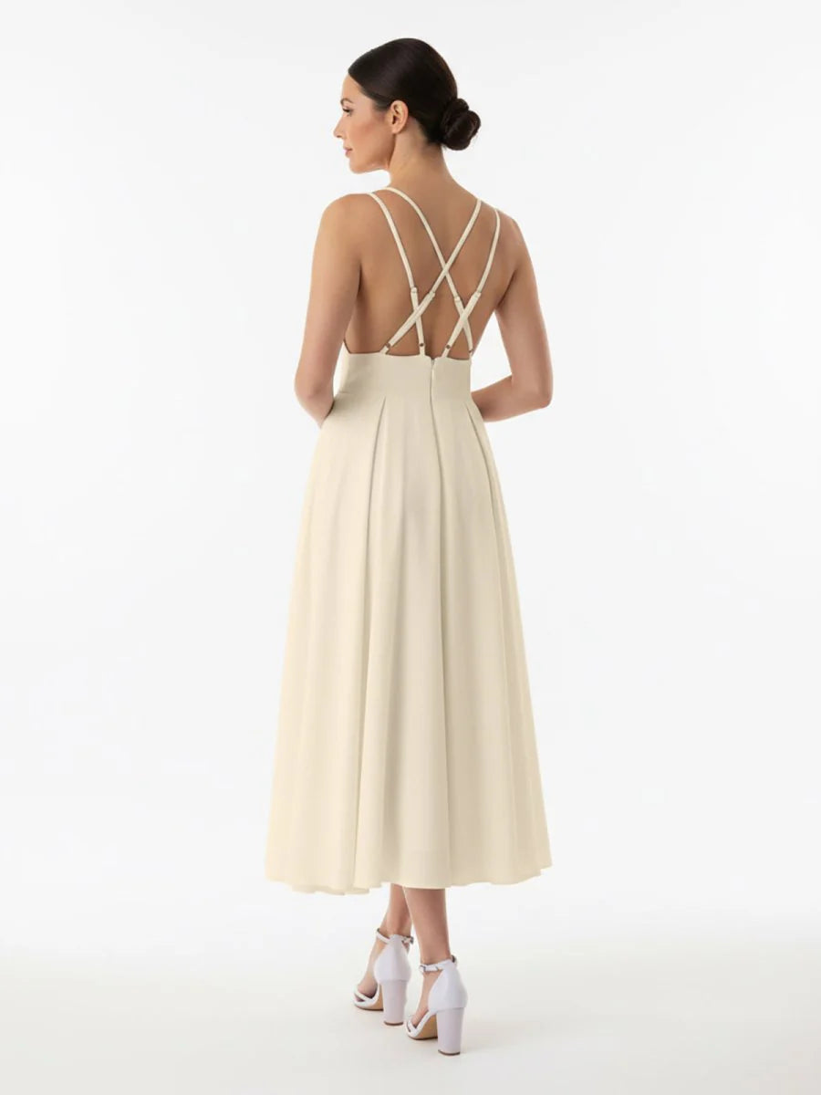 A Line V Neck Sleeveless Satin Knee Length Wedding Dress