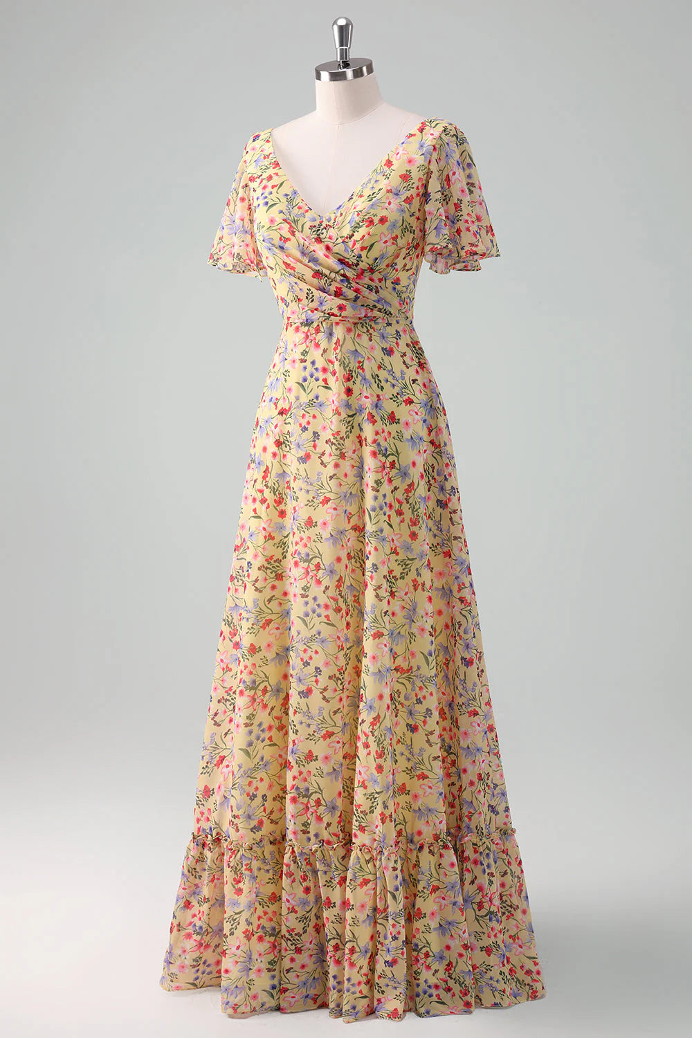Yellow Flower Printed A Line Chiffon V Neck Bridesmaid Dress with Short Sleeves