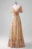 Yellow Flower Printed A Line Chiffon V Neck Bridesmaid Dress with Short Sleeves
