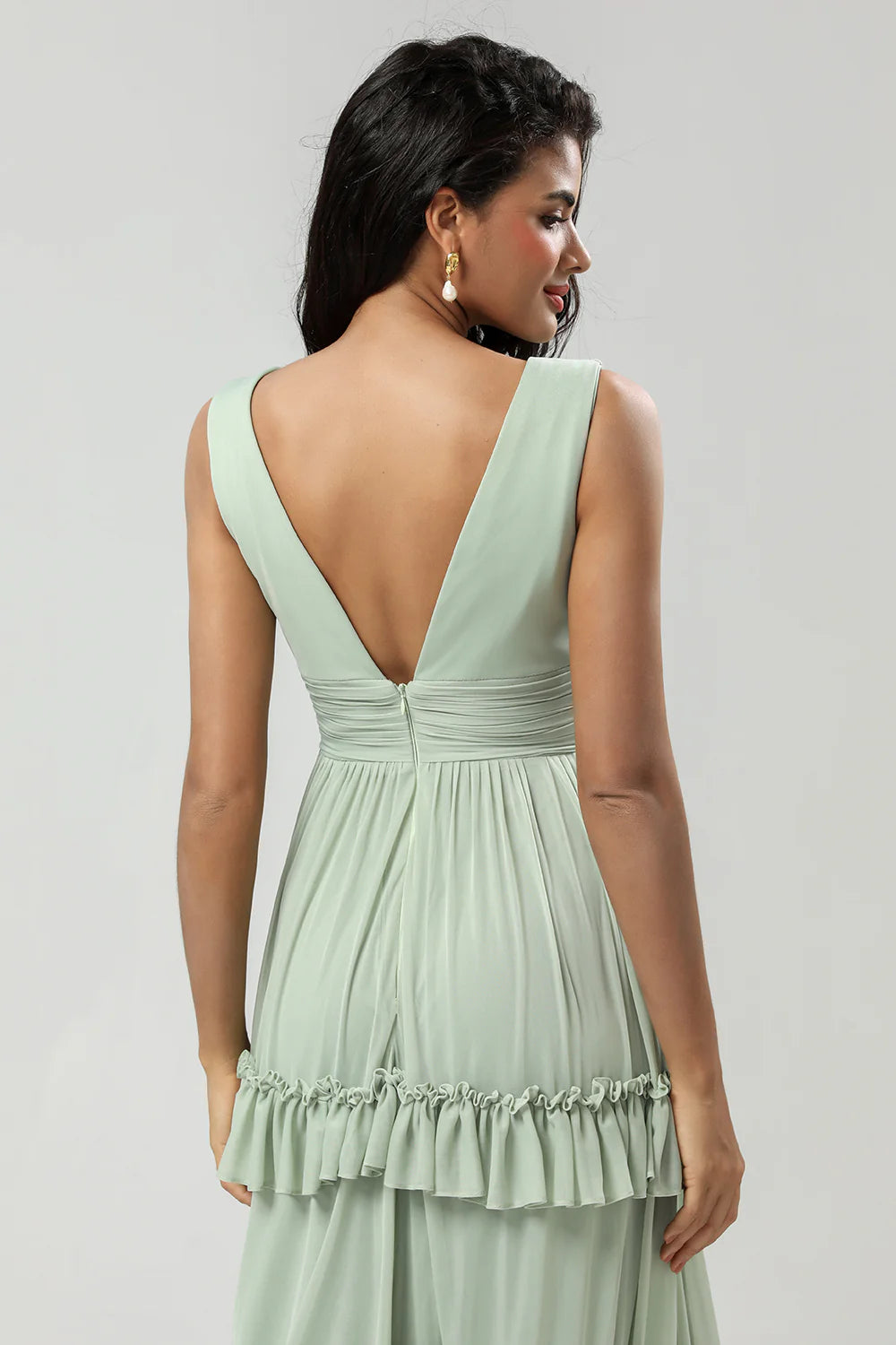 Dusty Sage A Line V Neck Long Knitted Chiffon Bridesmaid Dress With Ruffles