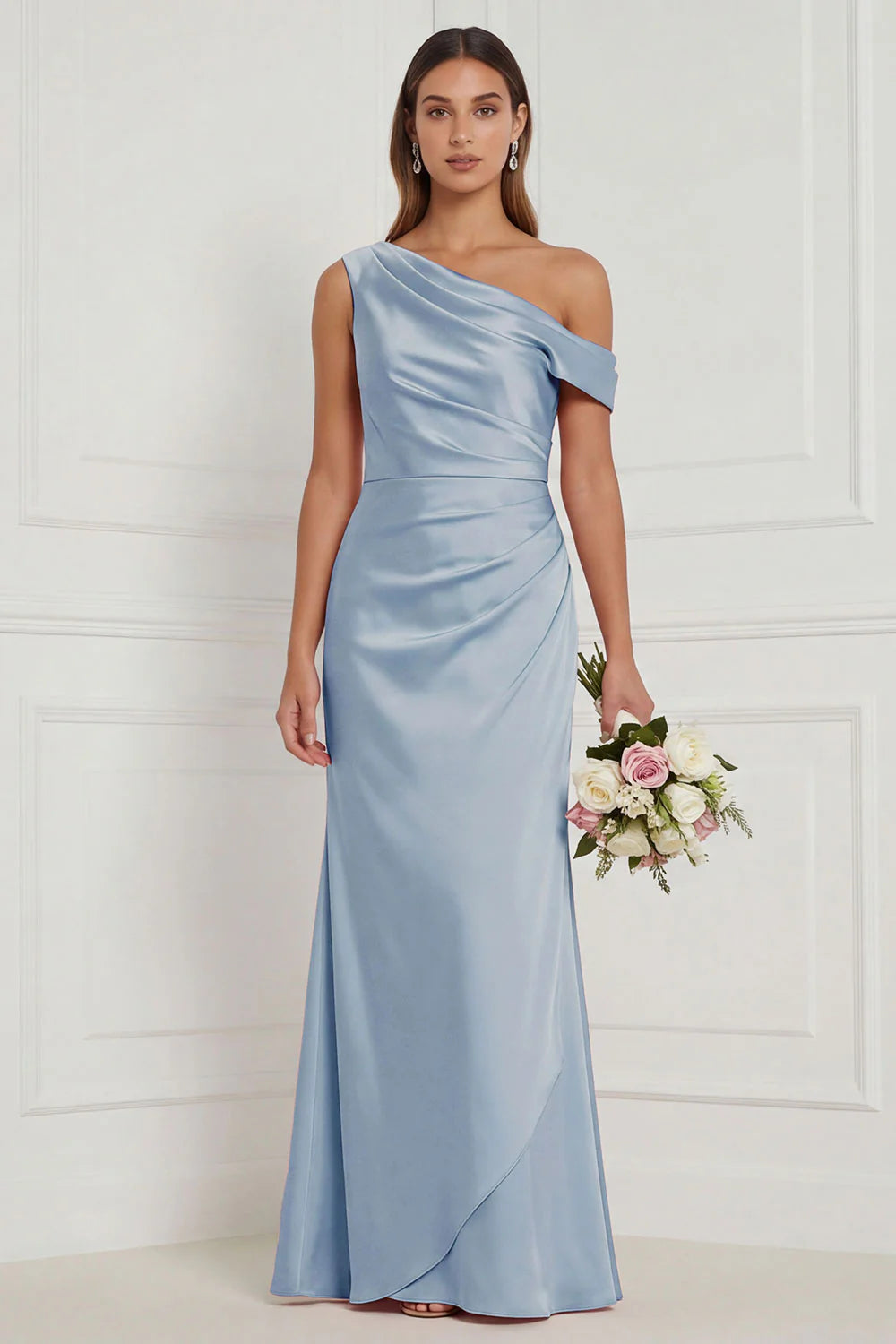 Burnt Orange Asymmetrical Neck Mermaid Ruched Satin Bridesmaid Dress