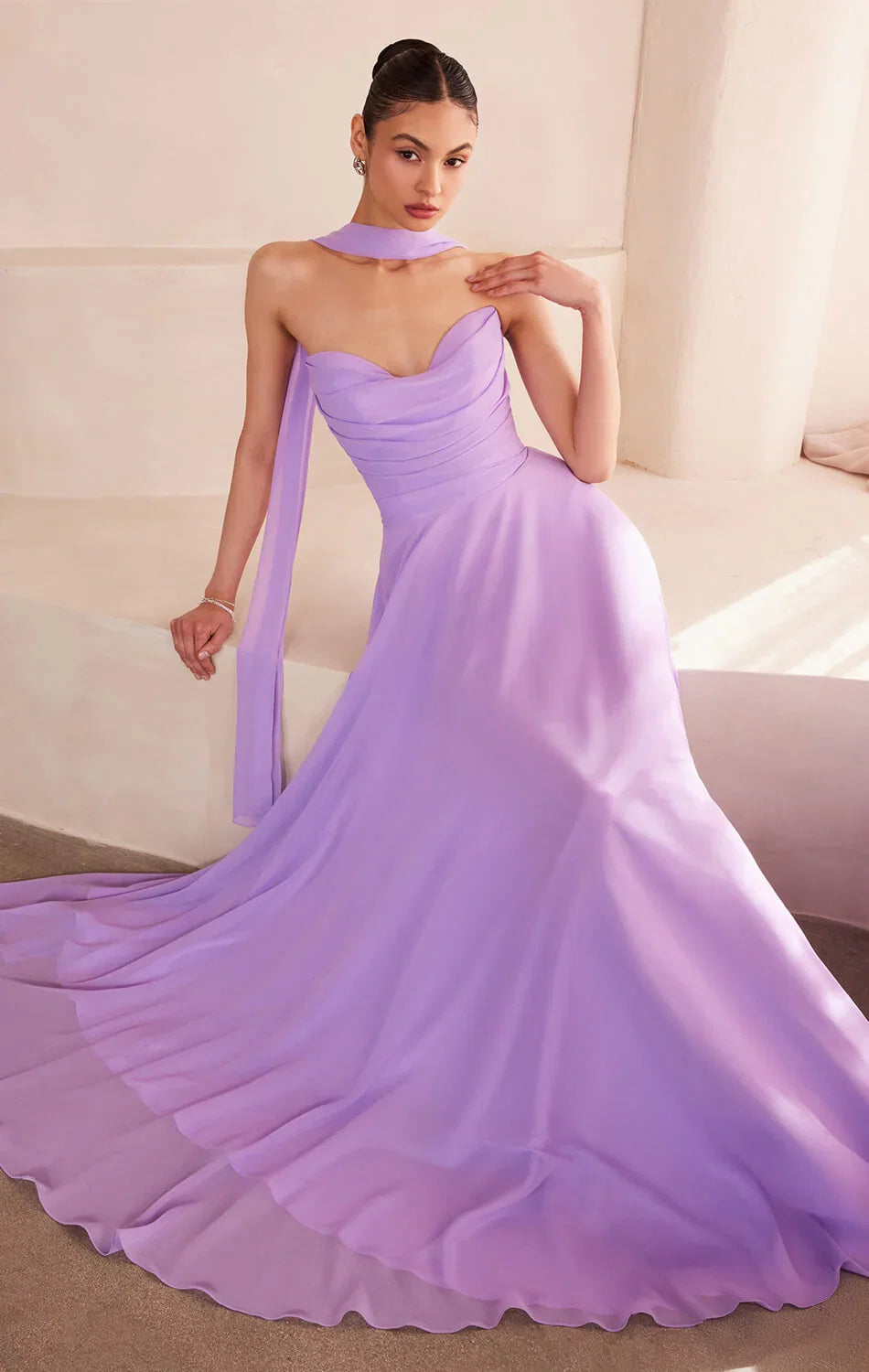 Ella Gown A line Strapless Chiffon Dress With Scarf