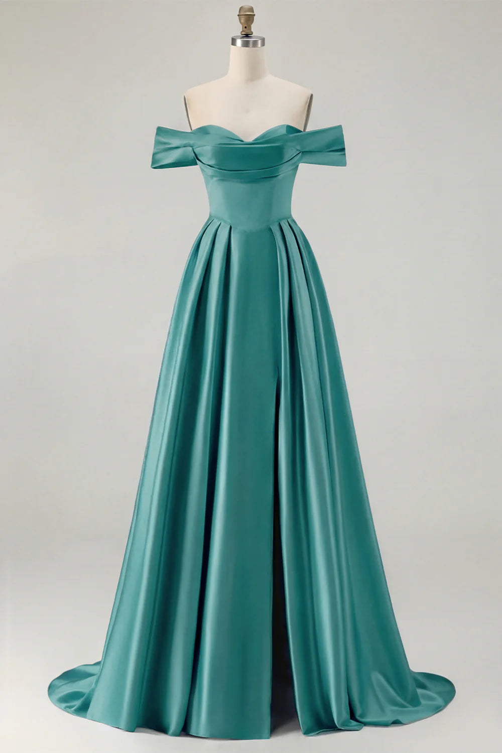 Off the Shoulder A Line Blue Satin Long Bridesmaid Dress with Slit