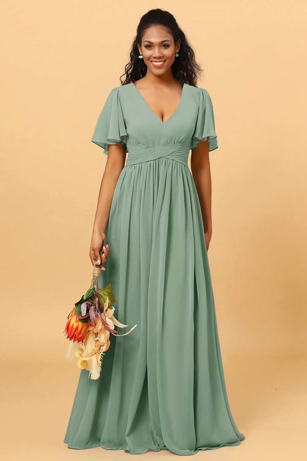 A Line V Neck Short Sleeves Chiffon Long Bridesmaid Dress