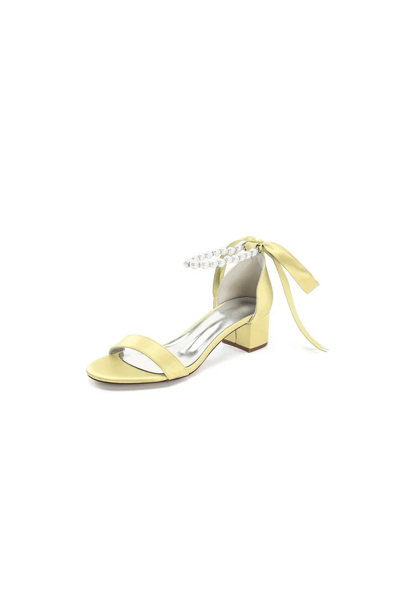 Block Heel Sandal Adorned with Pearl Ankle Band and Ribbon Bow