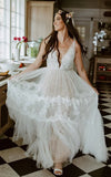 A Line Lace Bohemian V neck Wedding Dress With Low V Back And Appliques