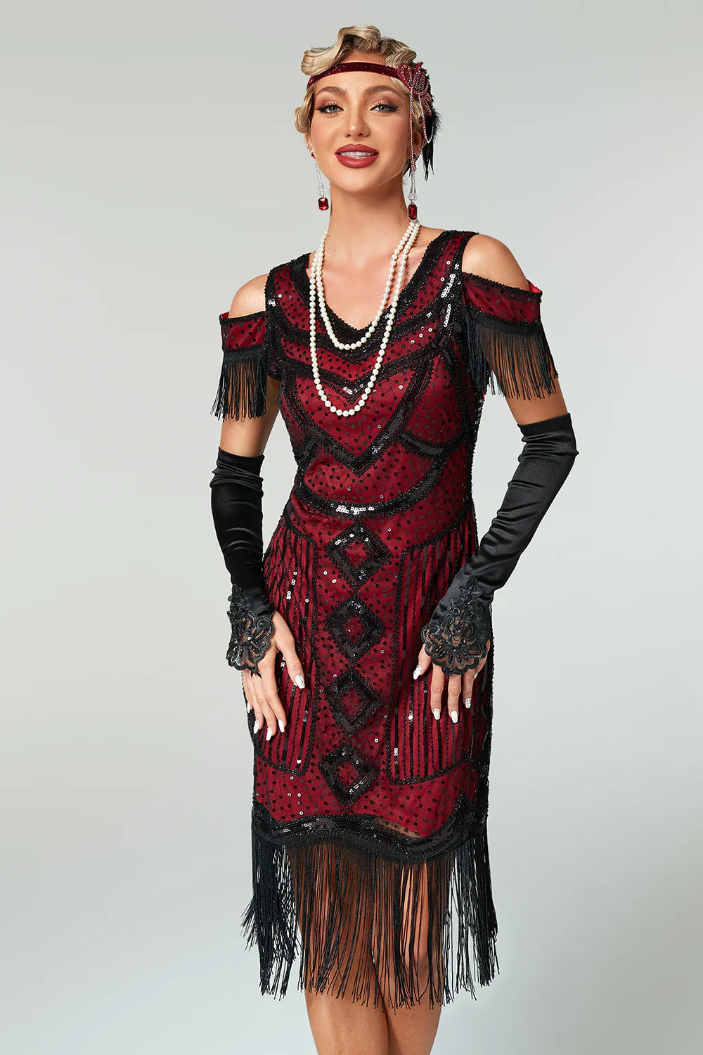 Cold Shoulder Black Fringed Sheath Sequins 1920s Dress