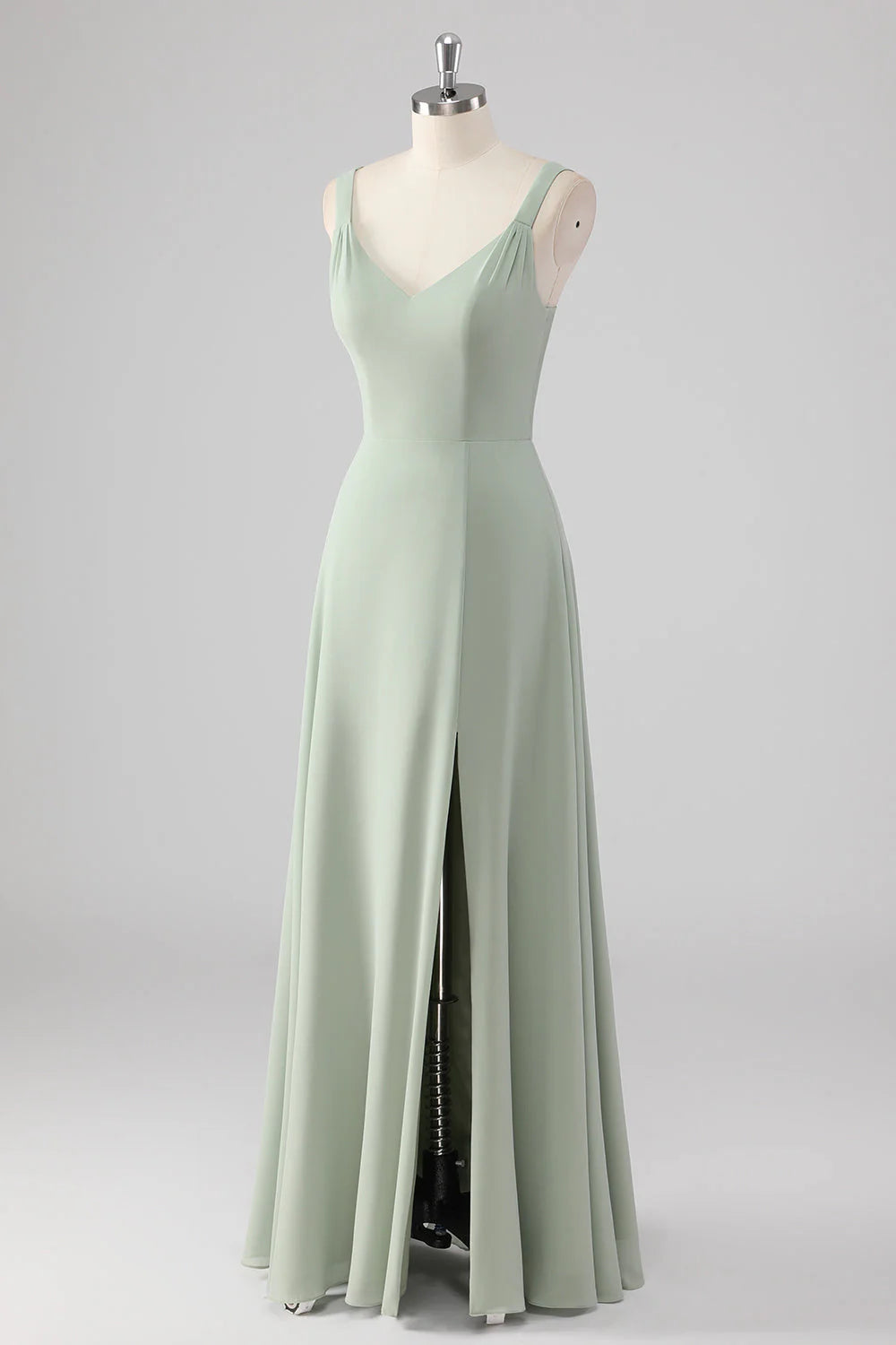 Sage Green Chiffon V Neck A Line Long Bridesmaid Dress with Slit