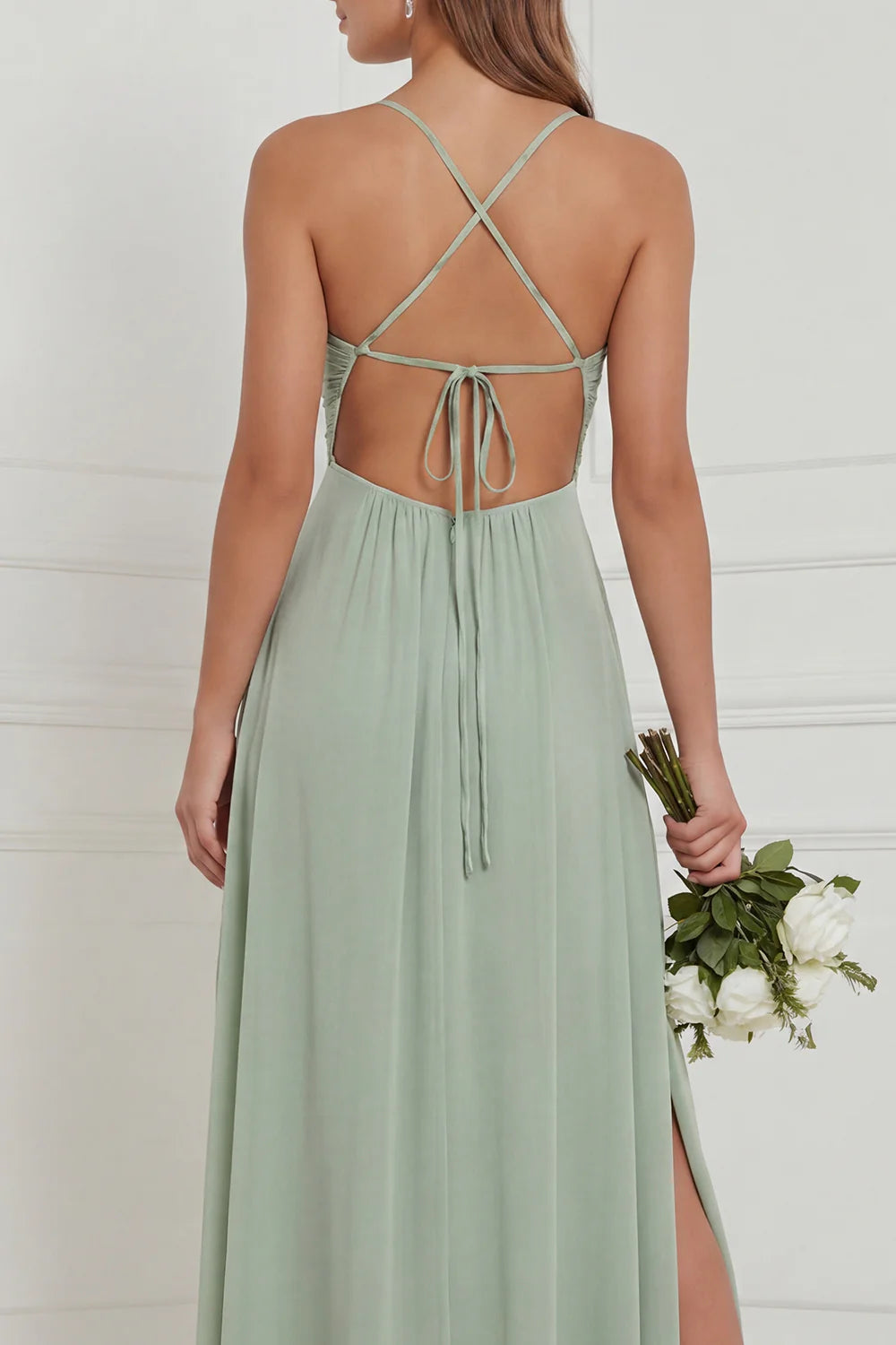 Sage Ruffle A Line Bridesmaid Dress with Slit