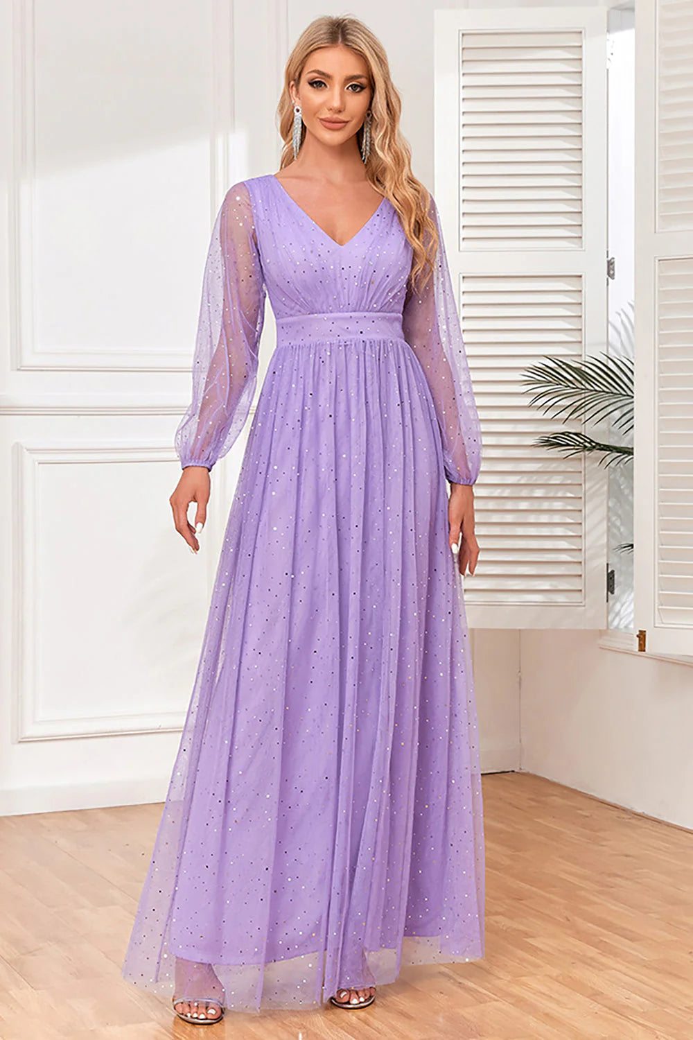 Lilac A Line Long Sleeves Long Formal Dress with Slit