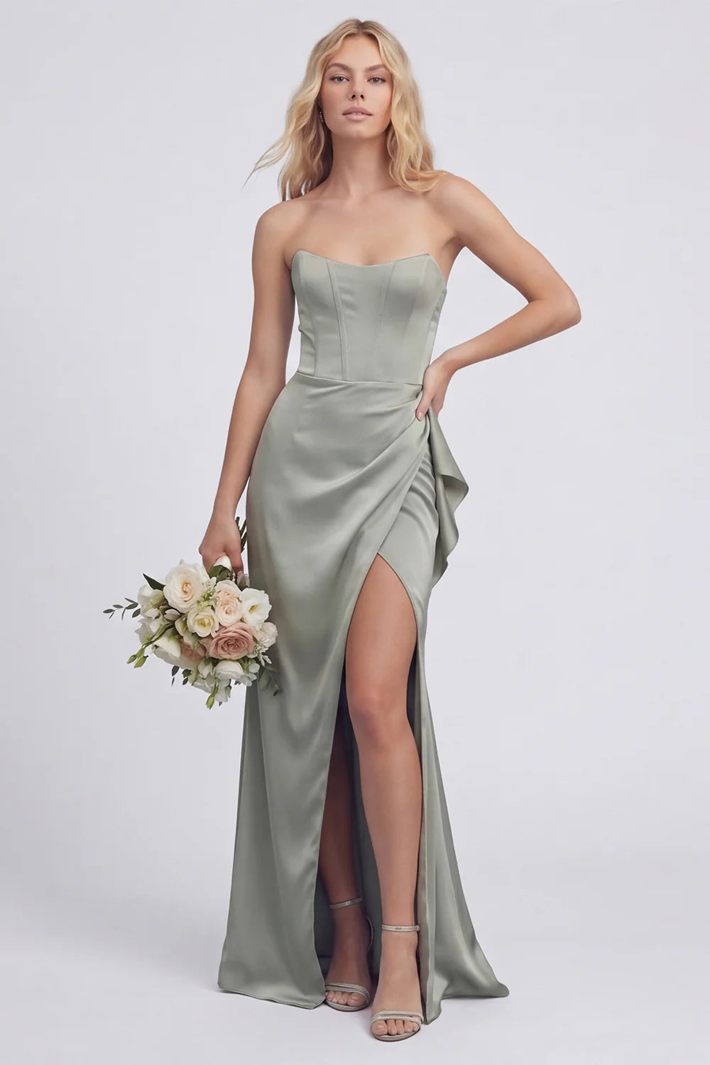 Strapless Corset Mermaid Dusty Sage Bridesmaid Dress with Slit