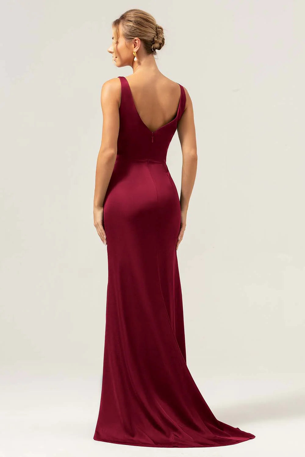 Burgundy Mermaid V Neck Ruched High Low Long Satin Bridesmaid Dress with Slit