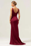 Burgundy Mermaid V Neck Ruched High Low Long Satin Bridesmaid Dress with Slit