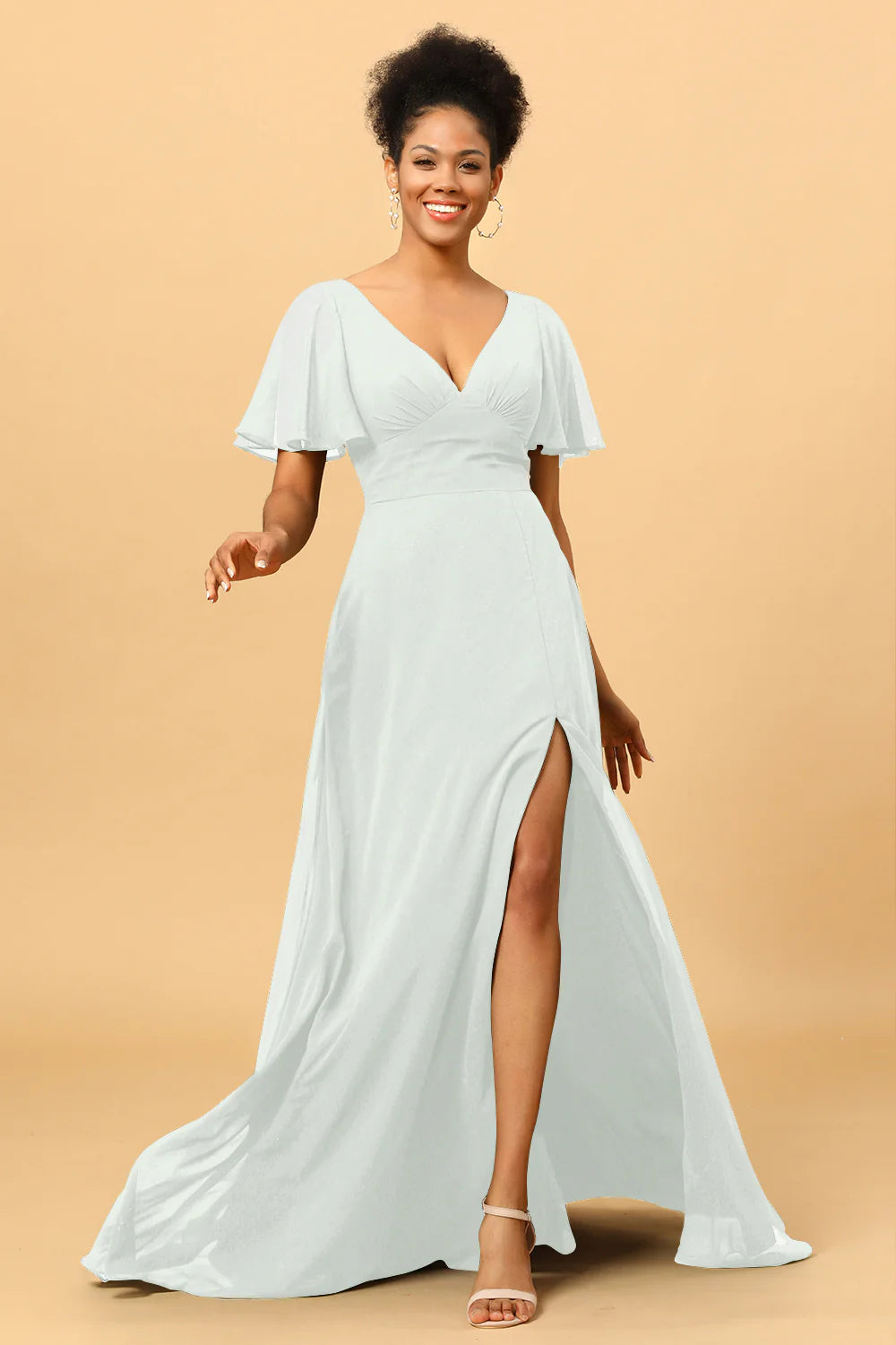 A Line V Neck Long Chiffon Bridesmaid Dress with Slit
