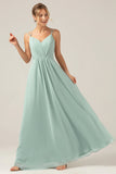 Matcha A Line Spaghetti Straps Chiffon Floor Length Bridesmaid Dress with Pleated