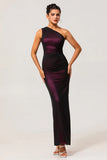 Black Pink Sheath One Shoulder Ruched Tulle Long Plus Size Bridesmaid Dress with Slit