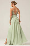 Dusty Sage A Line Spaghetti Straps Pleated Chiffon Maternity Bridesmaid Dress With Slit