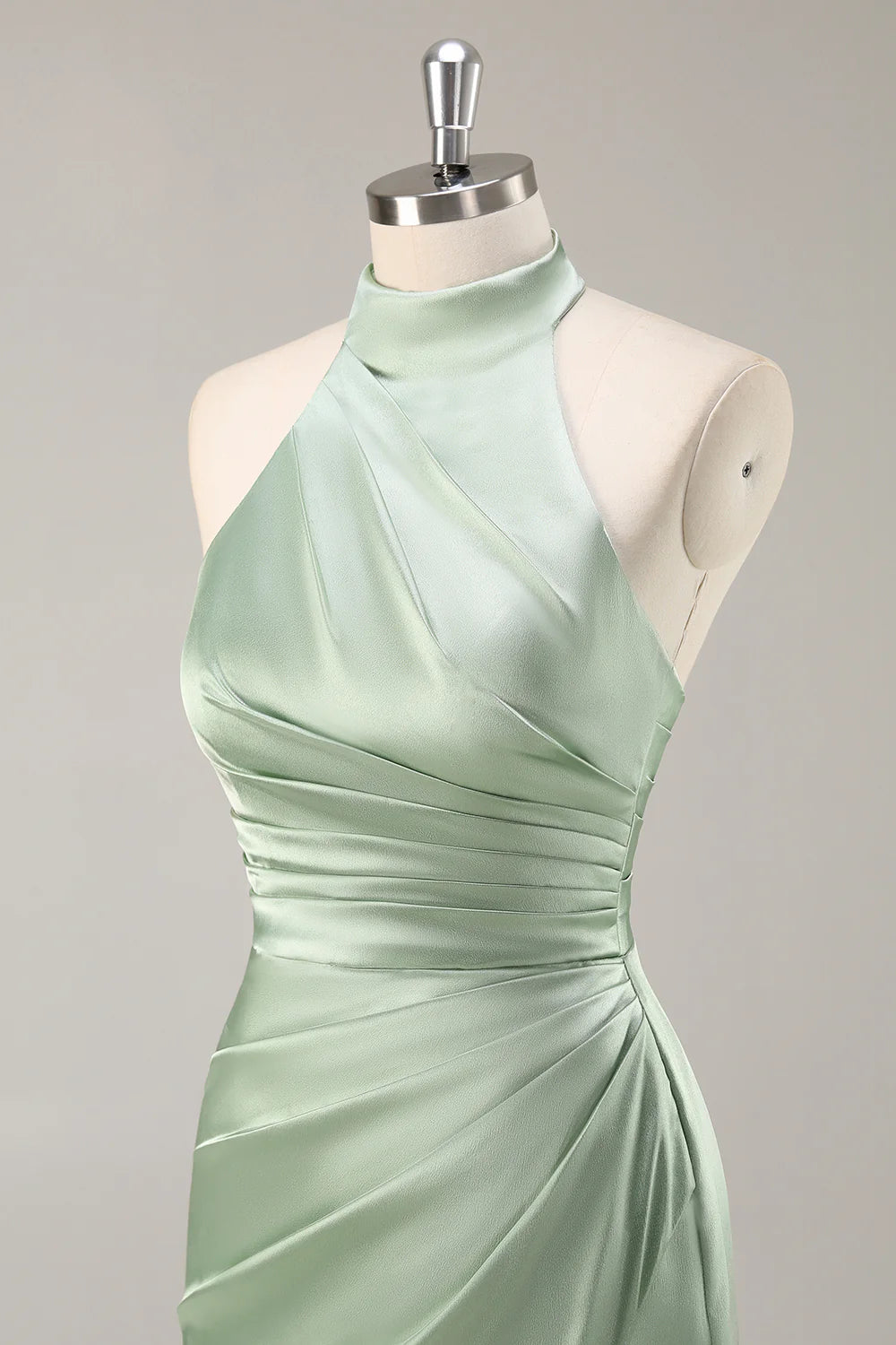 Blush Sheath Halter Satin Pleated Open Back Long Bridesmaid Dress with Slit